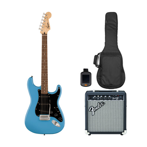 Squier Sonic Stratocaster Electric Guitar Bundle w/Black Pickguard, Laurel FB, California Blue (SG)