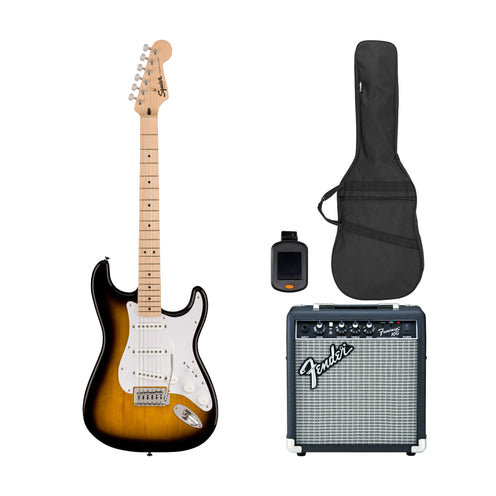 Squier Sonic Stratocaster Electric Guitar Bundle w/White Pickguard, Maple FB, 2-Color Sunburst
