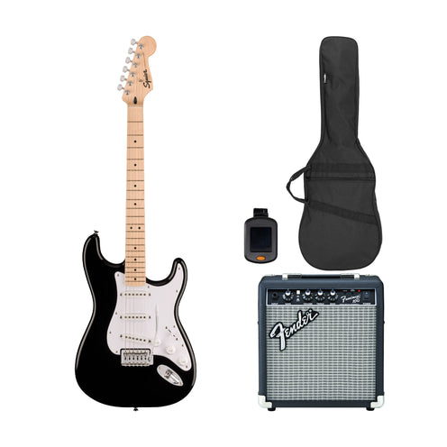 Squier Sonic Stratocaster Electric Guitar Bundle w/White Pickguard, Maple FB, Black