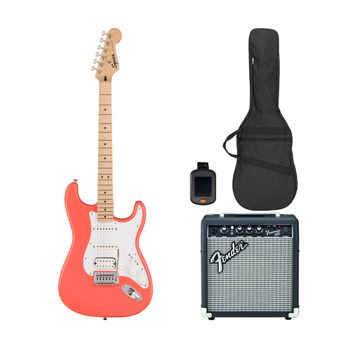 Squier Sonic Stratocaster HSS Electric Guitar Bundle w/White Pickguard, Maple FB, Tahitian Coral