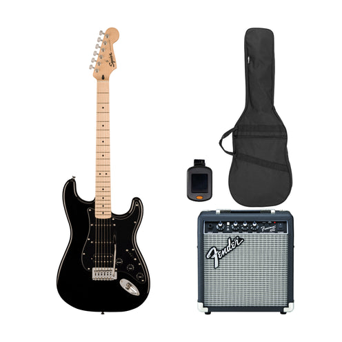 Squier Sonic Stratocaster HSS Electric Guitar Bundle w/Black Pickguard, Maple FB, Black