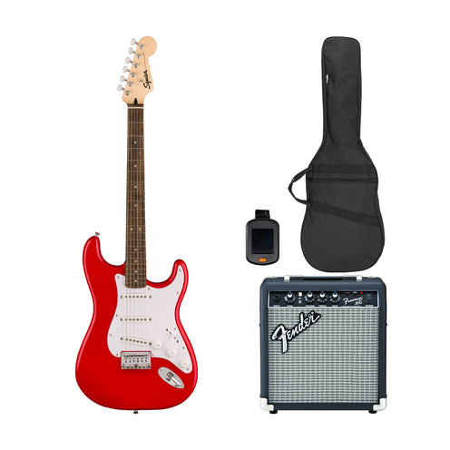 Squier Sonic Stratocaster HT Electric Guitar Bundle w/White Pickguard, Laurel FB, Torino Red