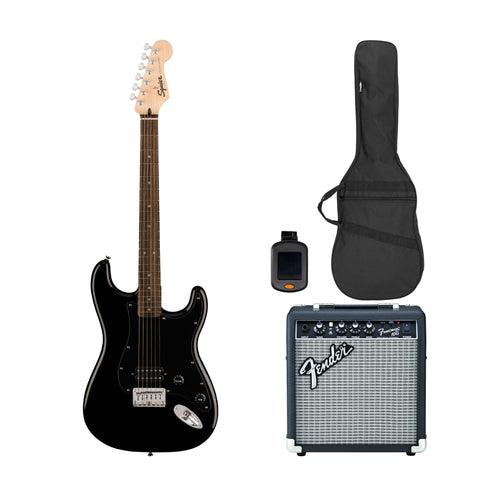 Squier Sonic Stratocaster HT H Electric Guitar Bundle w/Black Pickguard, Laurel FB, Black
