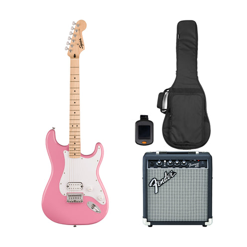 Squier Sonic Stratocaster HT H Electric Guitar Bundle w/White Pickguard, Maple FB, Flash Pink (SG)