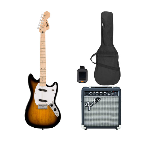 Squier Sonic Mustang Electric Guitar Bundle w/White Pickguard, Maple FB, 2-Color Sunburst