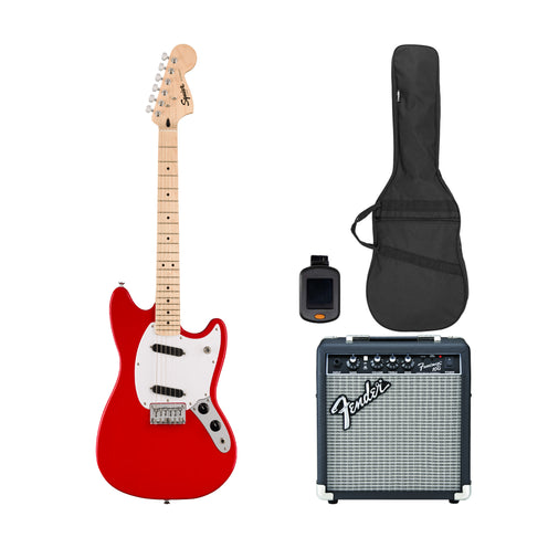 Squier Sonic Mustang Electric Guitar Bundle w/White Pickguard, Maple FB, Torino Red