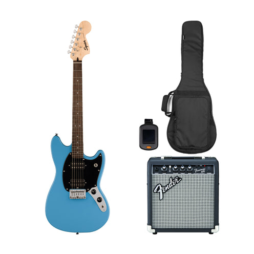Squier Sonic Mustang HH Electric Guitar Bundle w/Black Pickguard, Laurel FB, California Blue (SG)