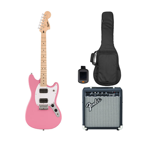 Squier Sonic Mustang HH Electric Guitar Bundle w/White Pickguard, Maple FB, Flash Pink (SG)