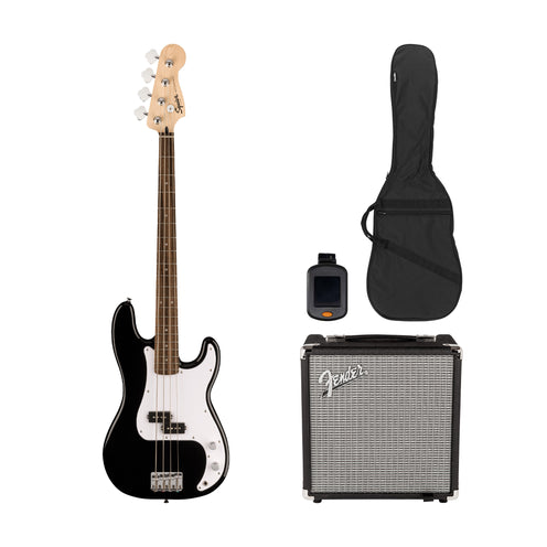 Squier Sonic Precision Bass Guitar Bundle w/White Pickguard, Laurel FB, Black