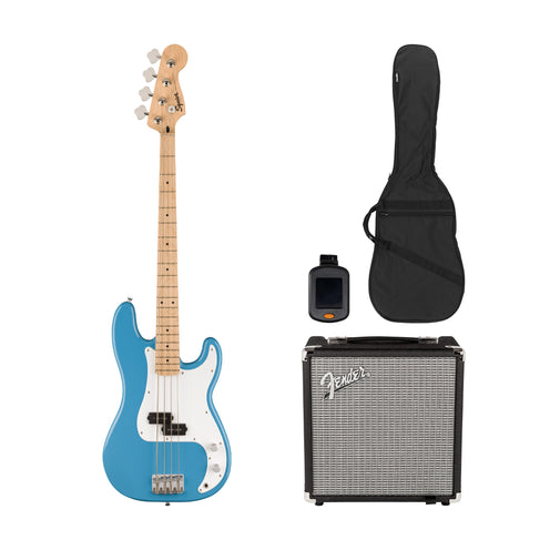 Squier Sonic Precision Bass Guitar Bundle w/White Pickguard, Maple FB, California Blue