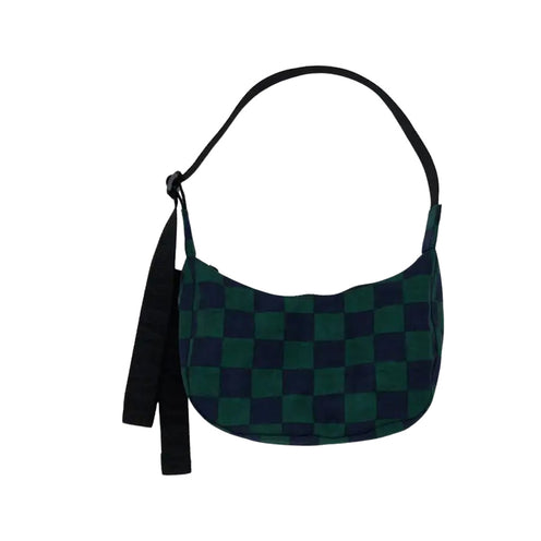 Baggu Small Nylon Crescent Bag, Navy Green Check