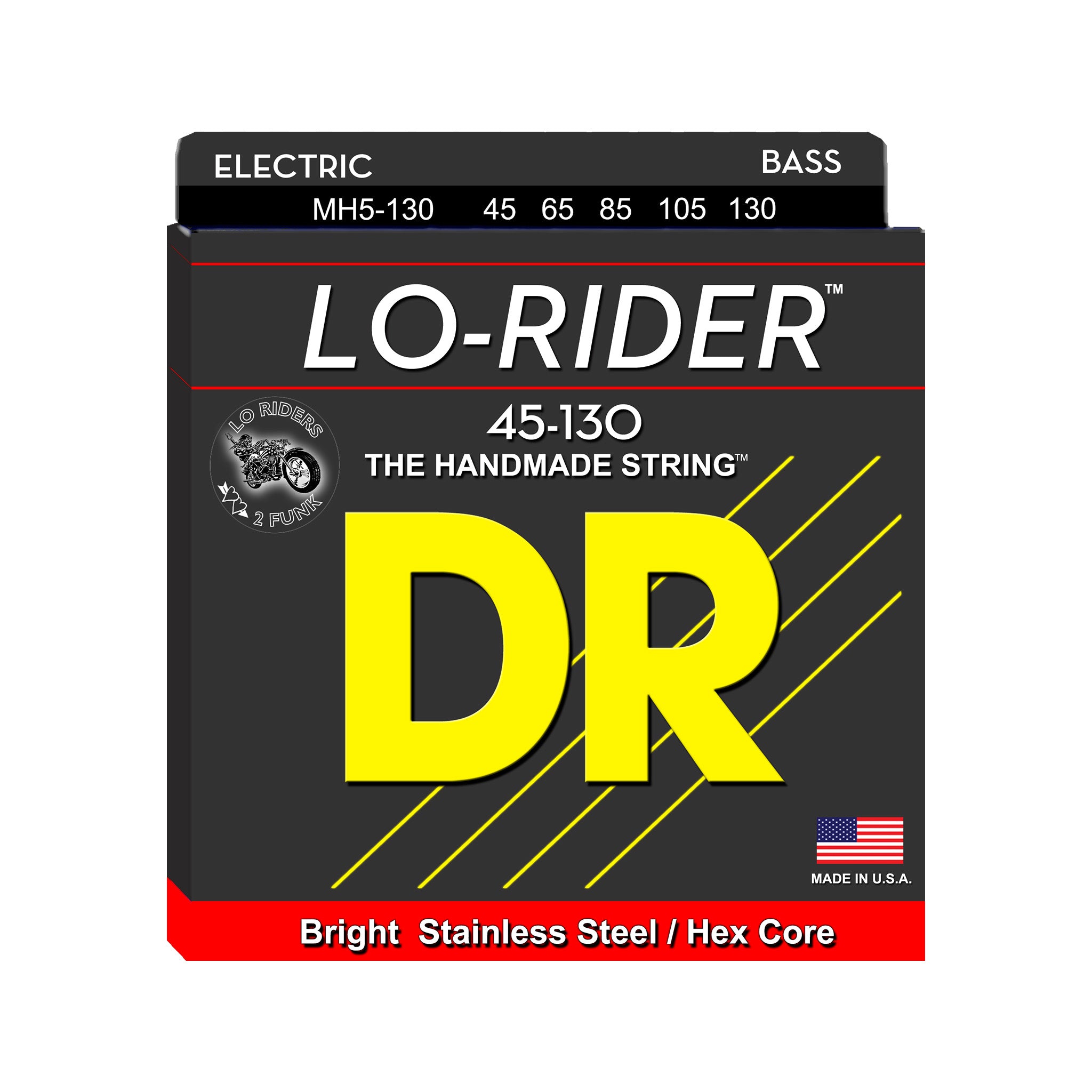 DR Strings MH5-130 Lo-Rider Stainless Steel 5-String Bass Guitar Strings, Medium, 45-130
