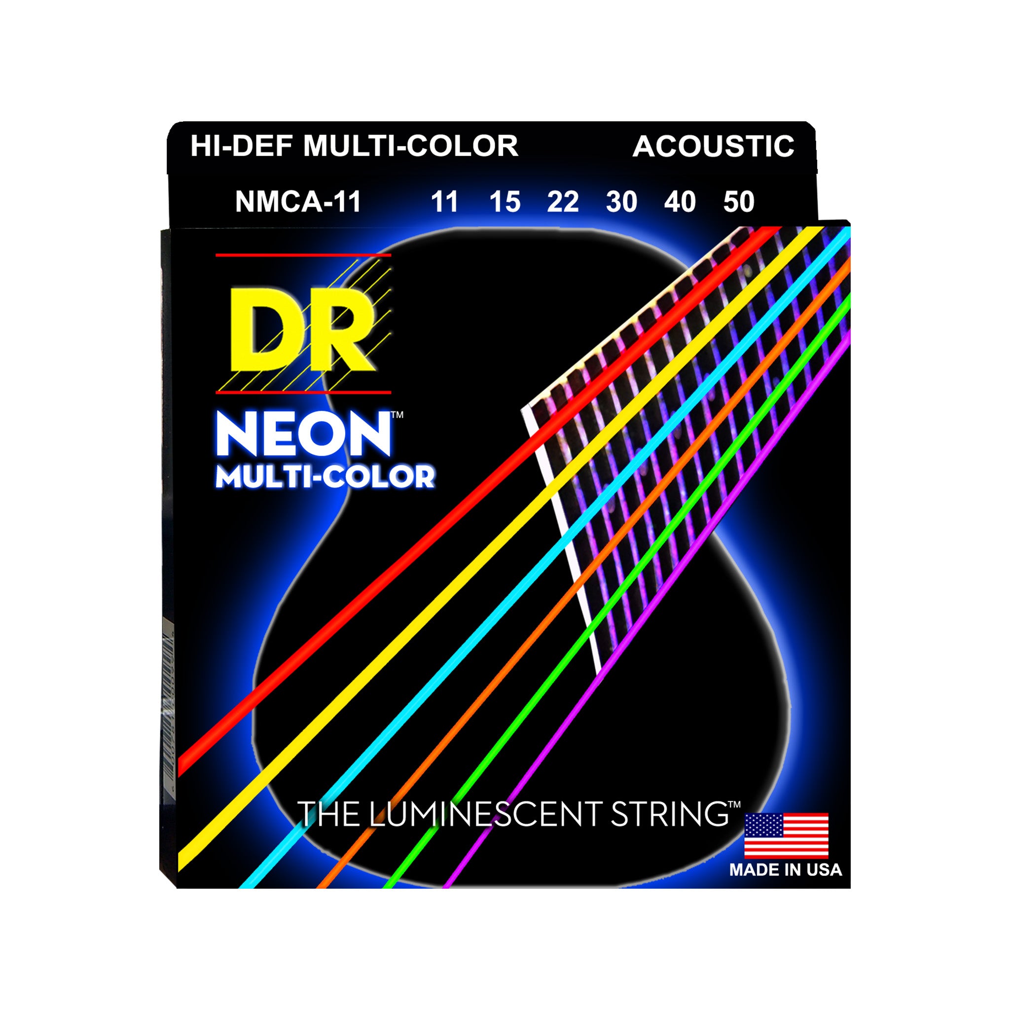 DR Strings NMCA-11 Hi-Def Neon Multi-Color K3 Coated Acoustic Guitar Strings, Custom Light, 11-50