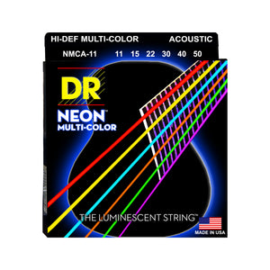DR Strings NMCA-11 Hi-Def Neon Multi-Color K3 Coated Acoustic Guitar Strings, Custom Light, 11-50