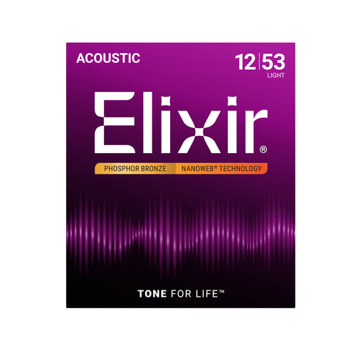 Elixir 16052 Nanoweb Phosphor Bronze Acoustic Guitar Strings, Light, 12-53