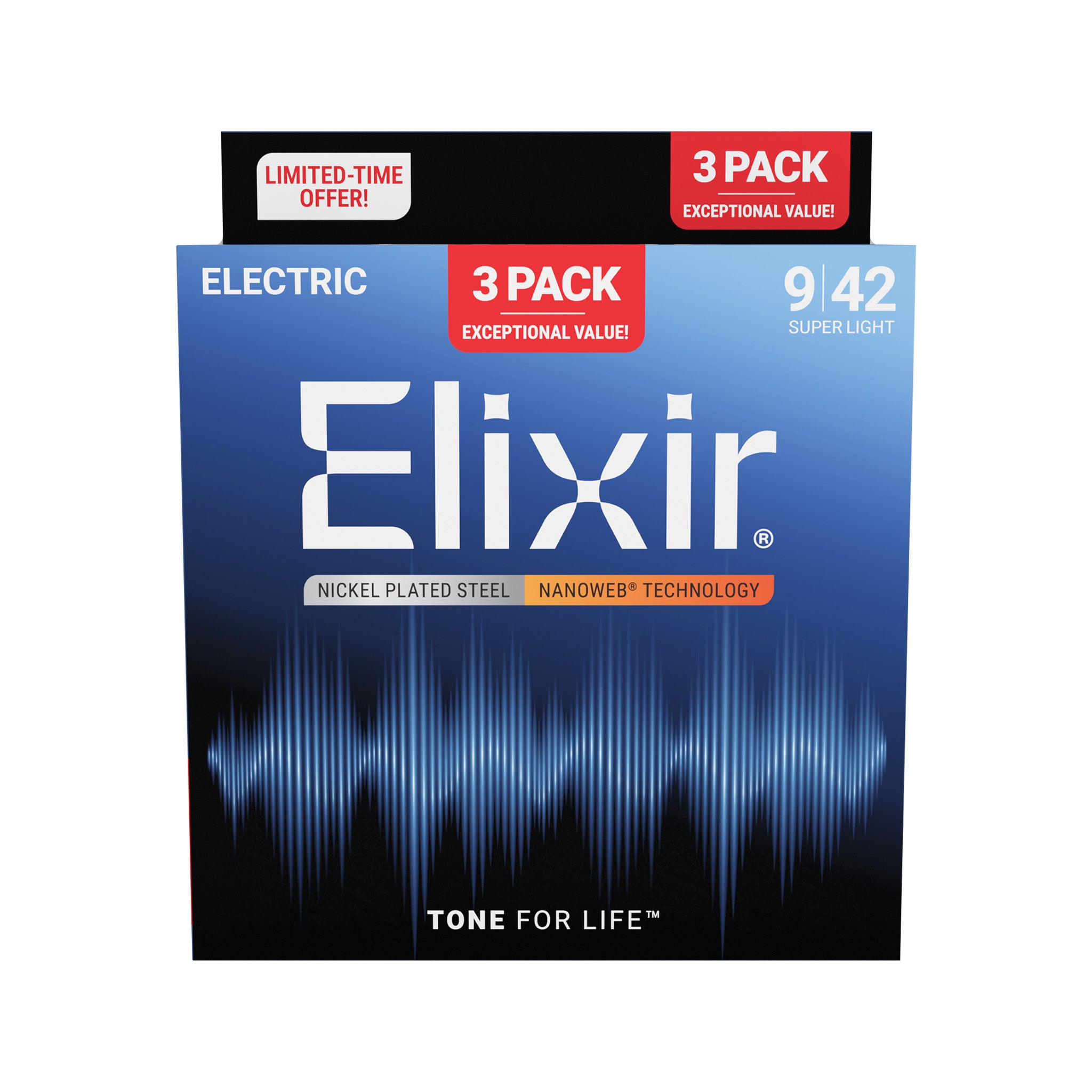 YUKARI ELIXIR Elixir 16566 Nanoweb Electric Guitar Strings, Super Light, 9-42, 3