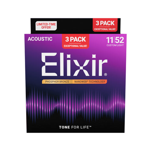 Elixir 16568 Nanoweb Phosphor Bronze Acoustic Guitar Strings, Custom Light, 11-52, 3-Pack