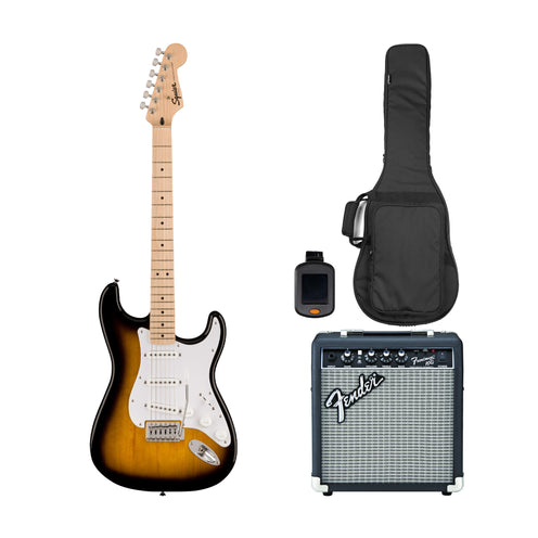 Squier Sonic Stratocaster Electric Guitar Bundle w/White Pickguard, Maple FB, 2-Color Sunburst (SG)