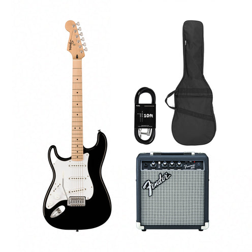 Squier Sonic Stratocaster Left-Handed Electric Guitar w/White Pickguard, Maple FB, Black w/ Fender Frontman 10G Bundle