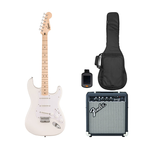 Squier Sonic Stratocaster HT Electric Guitar Bundle w/White Pickguard, Maple FB, Arctic White (SG)
