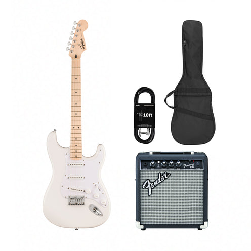 Squier Sonic Stratocaster HT Electric Guitar w/White Pickguard, Maple FB, Arctic White w/ Fender Frontman 10G Bundle