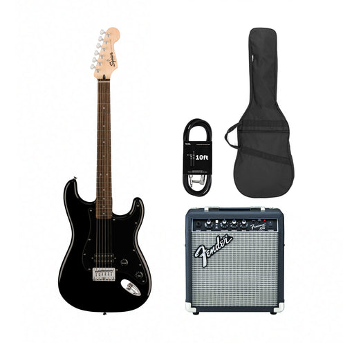 Squier Sonic Stratocaster HT H Electric Guitar w/Black Pickguard, Laurel FB, Black w/ Fender Frontman 10G Bundle