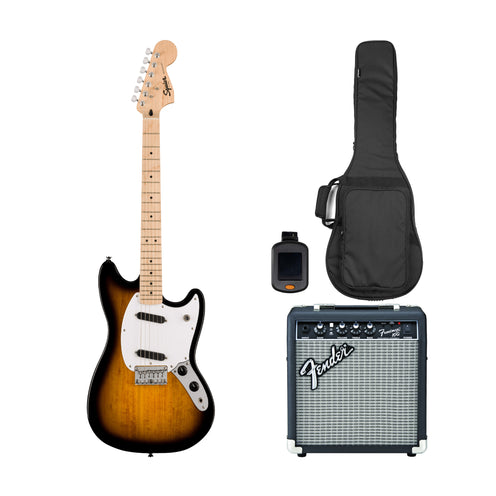 Squier Sonic Mustang Electric Guitar Bundle w/White Pickguard, Maple FB, 2-Color Sunburst (SG)