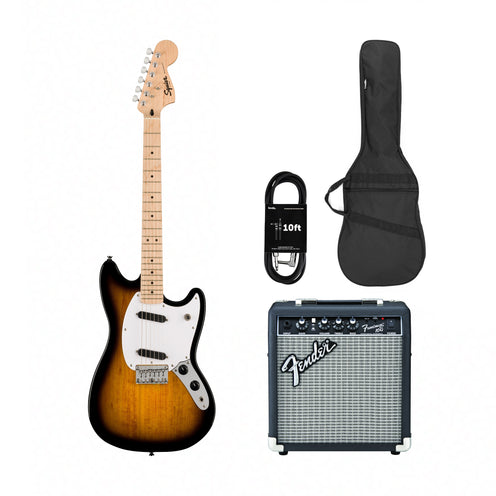 Squier Sonic Mustang Electric Guitar w/White Pickguard, Maple FB, 2-Color Sunburst w/ Fender Frontman 10G Bundle