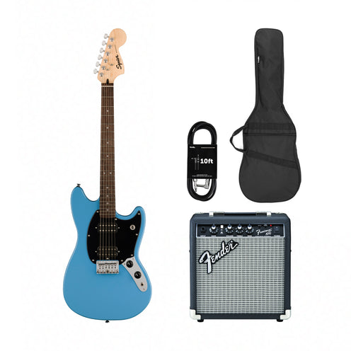 Squier Sonic Mustang HH Electric Guitar w/Black Pickguard, Laurel FB, California Blue w/ Fender Frontman 10G Bundle