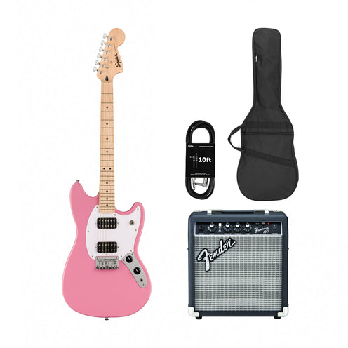 Squier Sonic Mustang HH Electric Guitar w/White Pickguard, Maple FB, Flash Pink w/ Fender Frontman 10G Bundle
