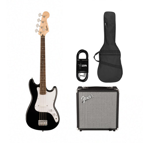 Squier Sonic Bronco Bass Guitar w/White Pickguard, Laurel FB, Black w/ Fender Rumble 15 Bundle