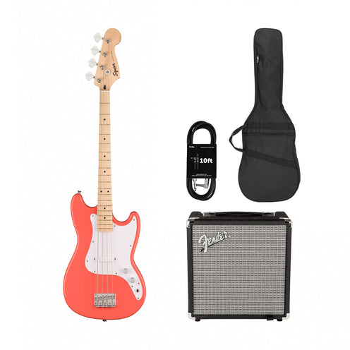 Squier Sonic Bronco Bass Guitar w/White Pickguard, Maple FB, Tahitian Coral w/ Fender Rumble 15 Bundle