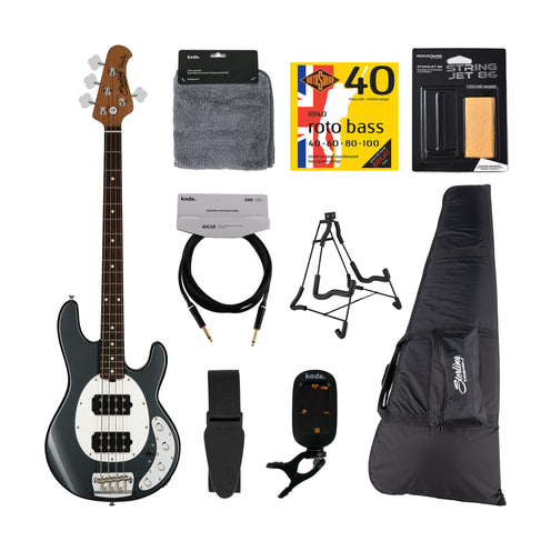 Sterling by Music Man Ray34 HH 4-String Electric Bass Guitar, Charcoal Frost, Bundle