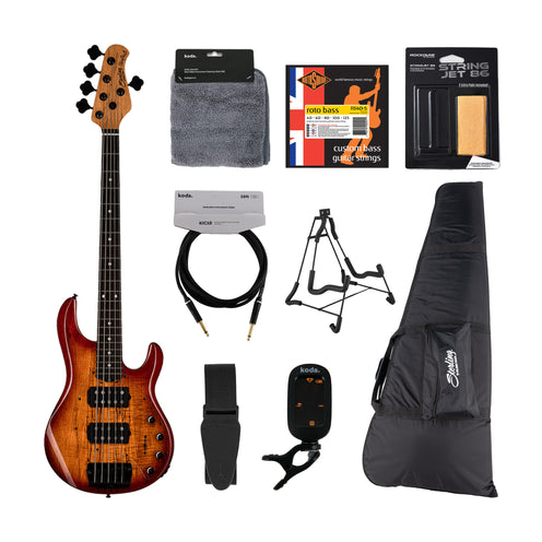 Sterling by Music Man Ray35 HH 5-String Electric Bass Guitar, Spalted Maple Blood Orange Burst, Bundle