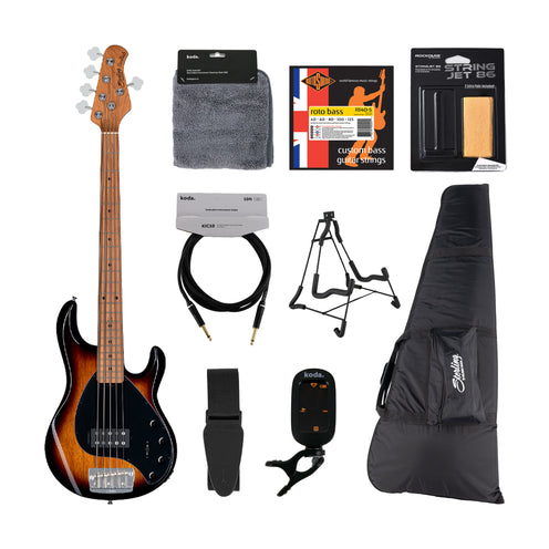 Sterling by Music Man Ray35 5-String Bass Guitar, Spalted Maple 3 Tone Sunburst, Bundle