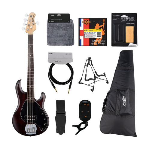 Sterling S.U.B Series RAY5 5-String Electric Bass Guitar, Jatoba FB, Walnut Satin, Bundle