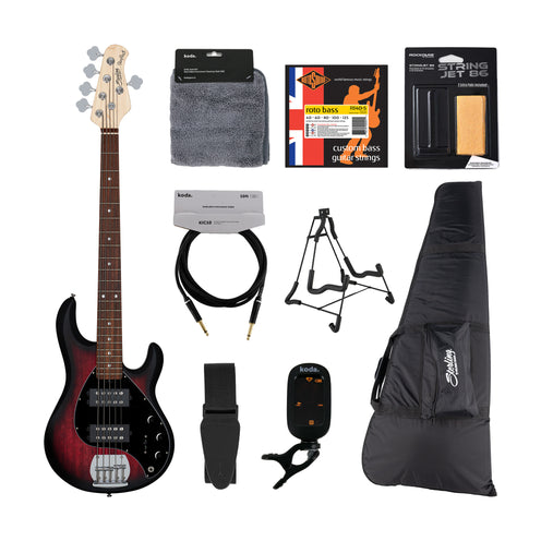 Sterling S.U.B Series Ray5 HH 5-String Electric Bass Guitar, Jatoba FB, Ruby Red Burst Satin, Bundle