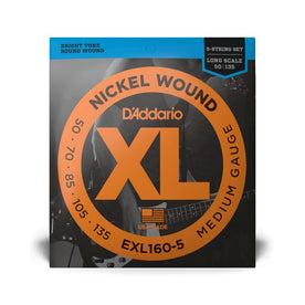D'Addario EXL160-5 Nickel Wound 5-String Bass Guitar Strings, Medium, 50-135, Long Scale