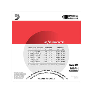 D'Addario EZ930 85/15 Bronze Acoustic Guitar Strings, Medium, 13-56