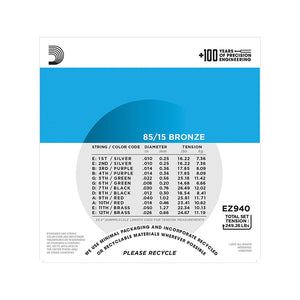D'Addario EZ940 85/15 Bronze 12-String Acoustic Guitar Strings, Light, 10-50