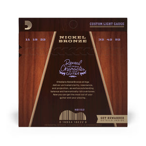 D'Addario NB1152 Nickel Bronze Acoustic Guitar Strings, Custom Light, 11-52