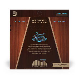 D'Addario NB1253 Nickel Bronze Acoustic Guitar Strings, Light, 12-53