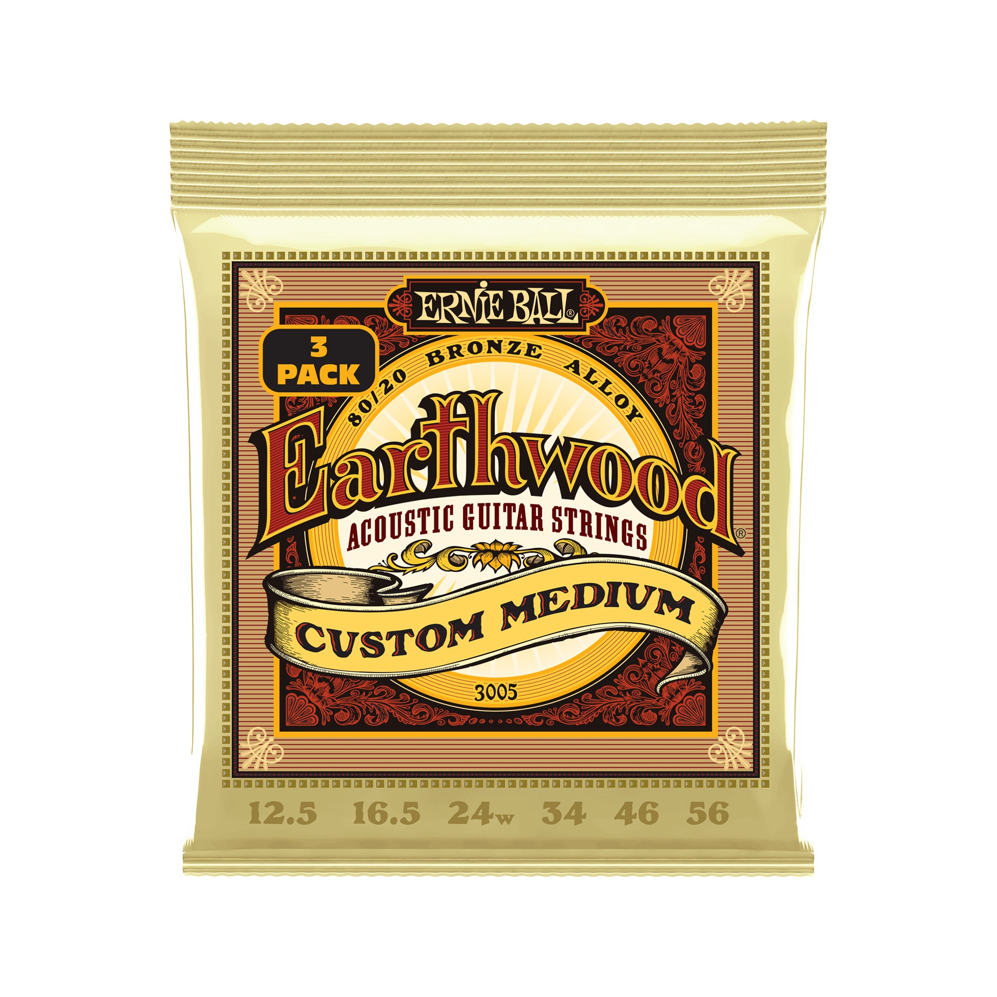 Ernie Ball Earthwood Custom Medium 80/20 Bronze Acoustic Guitar Strings, 12.5-56, 3-Pack