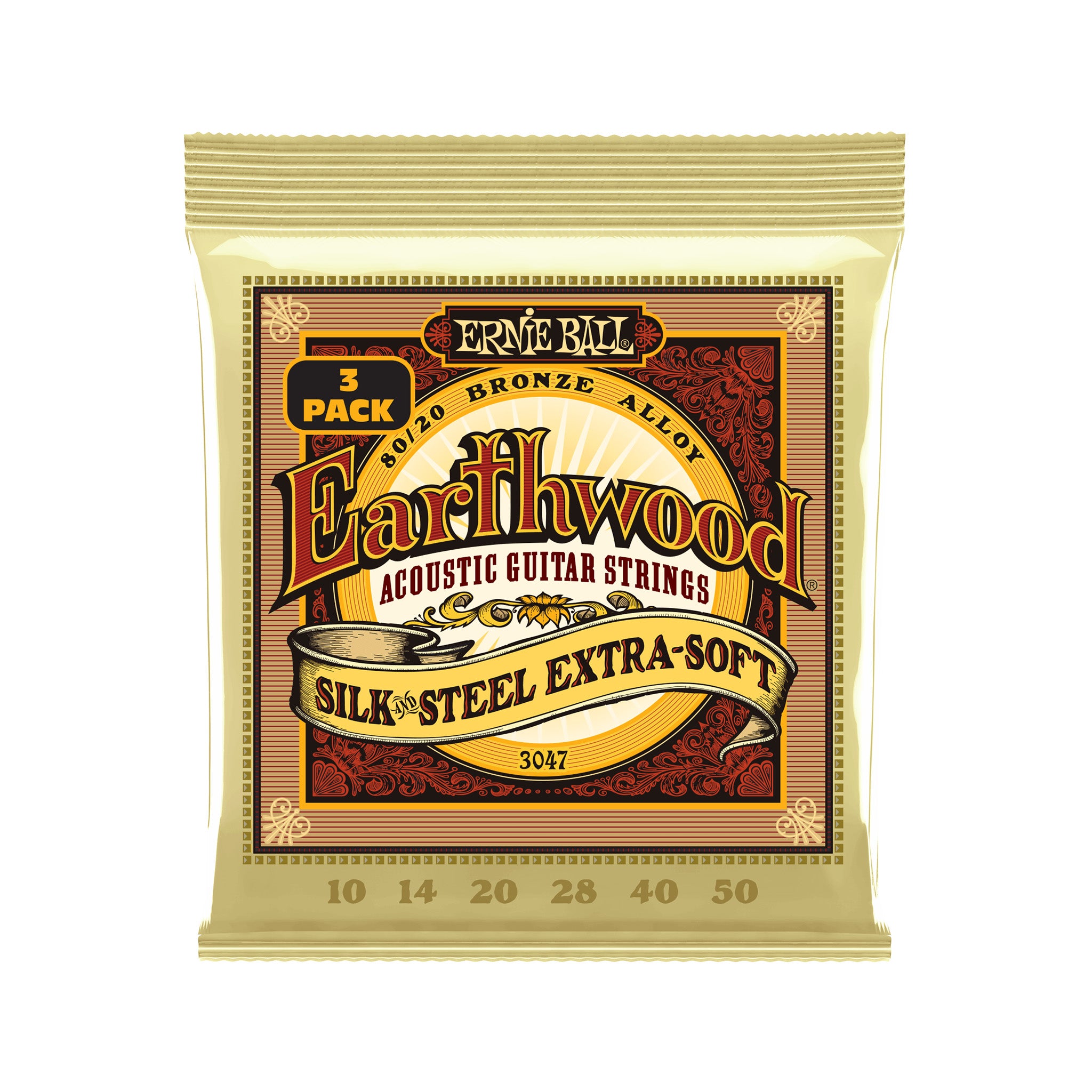 Ernie Ball Earthwood Silk and Steel Extra Soft 80/20 Bronze Acoustic Guitar Strings, 10-50, 3-Pack