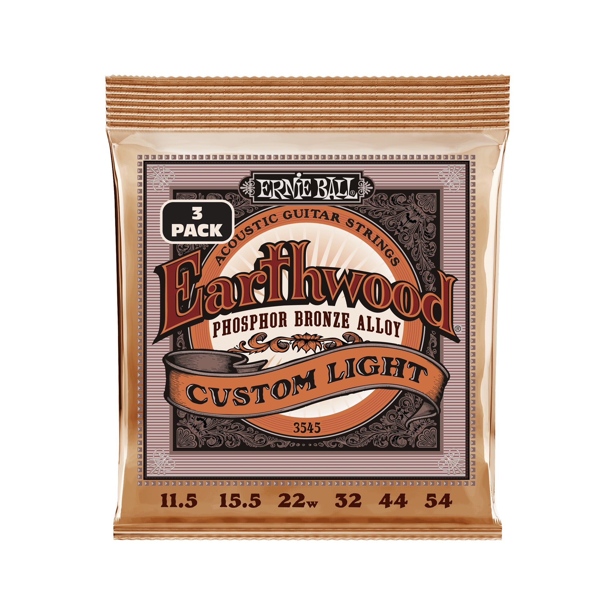 Ernie Ball Earthwood Custom Light Phosphor Bronze Acoustic Guitar Strings, 11.5-54, 3-Pack