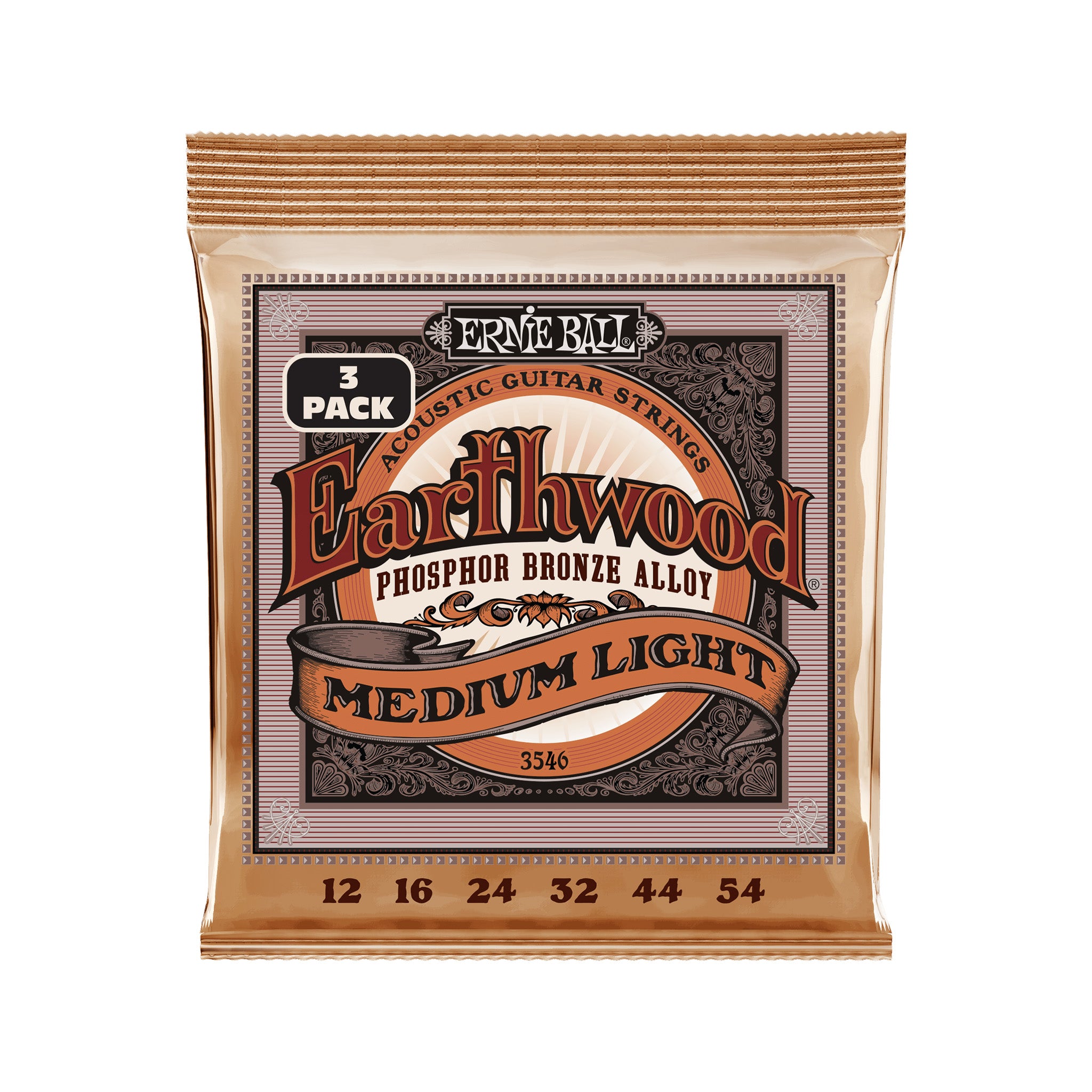 Ernie Ball Earthwood Medium Light Phosphor Bronze Acoustic Guitar Strings, 12-54, 3-Pack