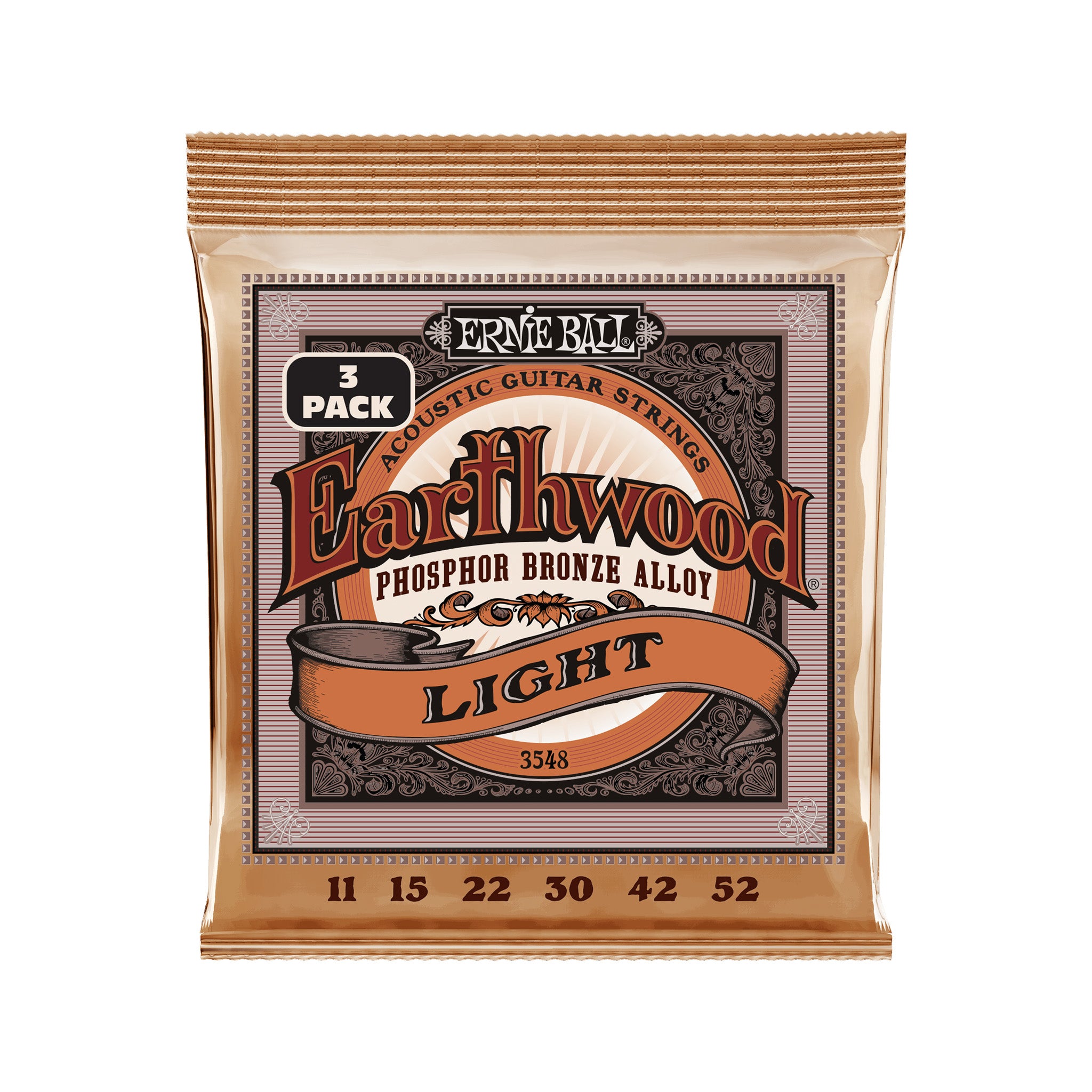 Ernie Ball Earthwood Light Phosphor Bronze Acoustic Guitar Strings, 11-52, 3-Pack
