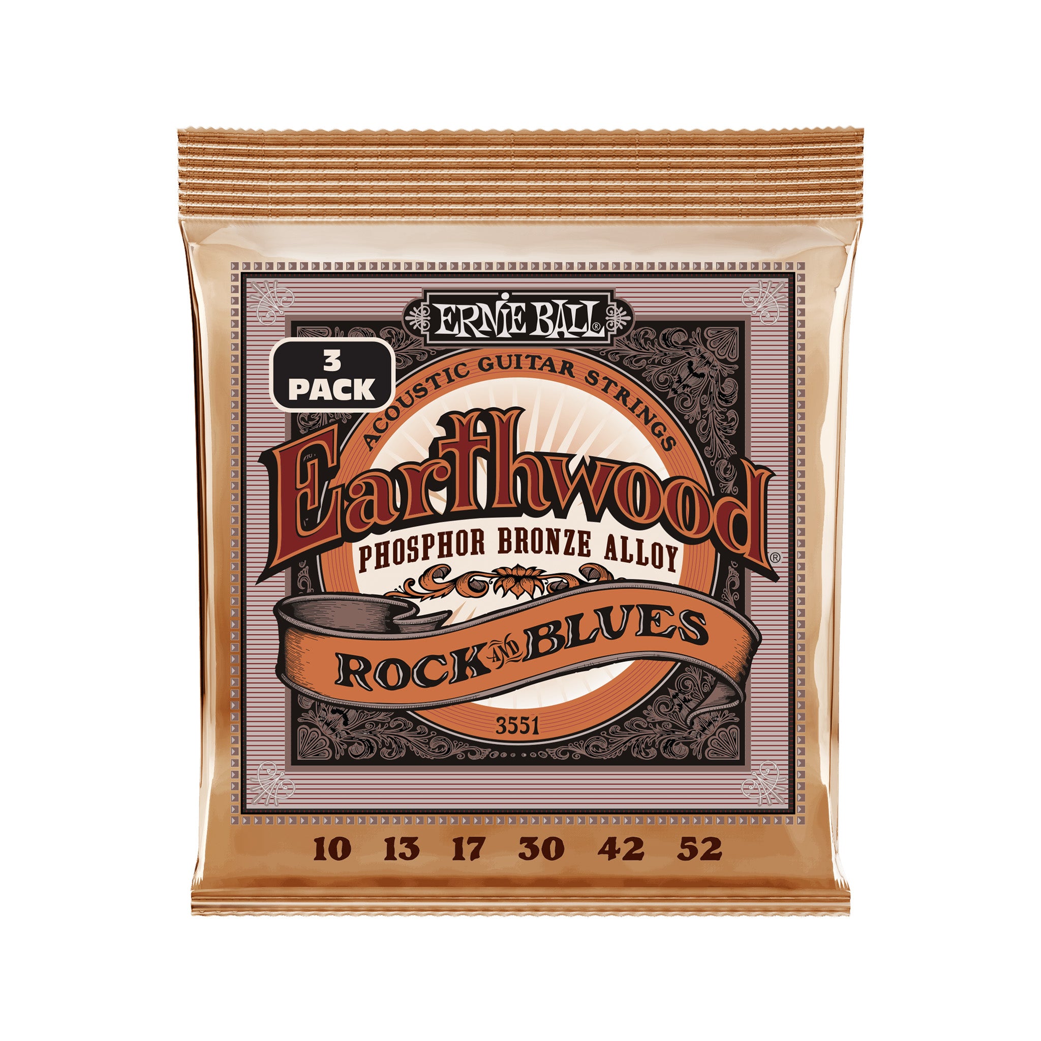 Ernie Ball Earthwood Rock and Blues Phosphor Bronze Acoustic Guitar Strings, 10-52, 3-Pack