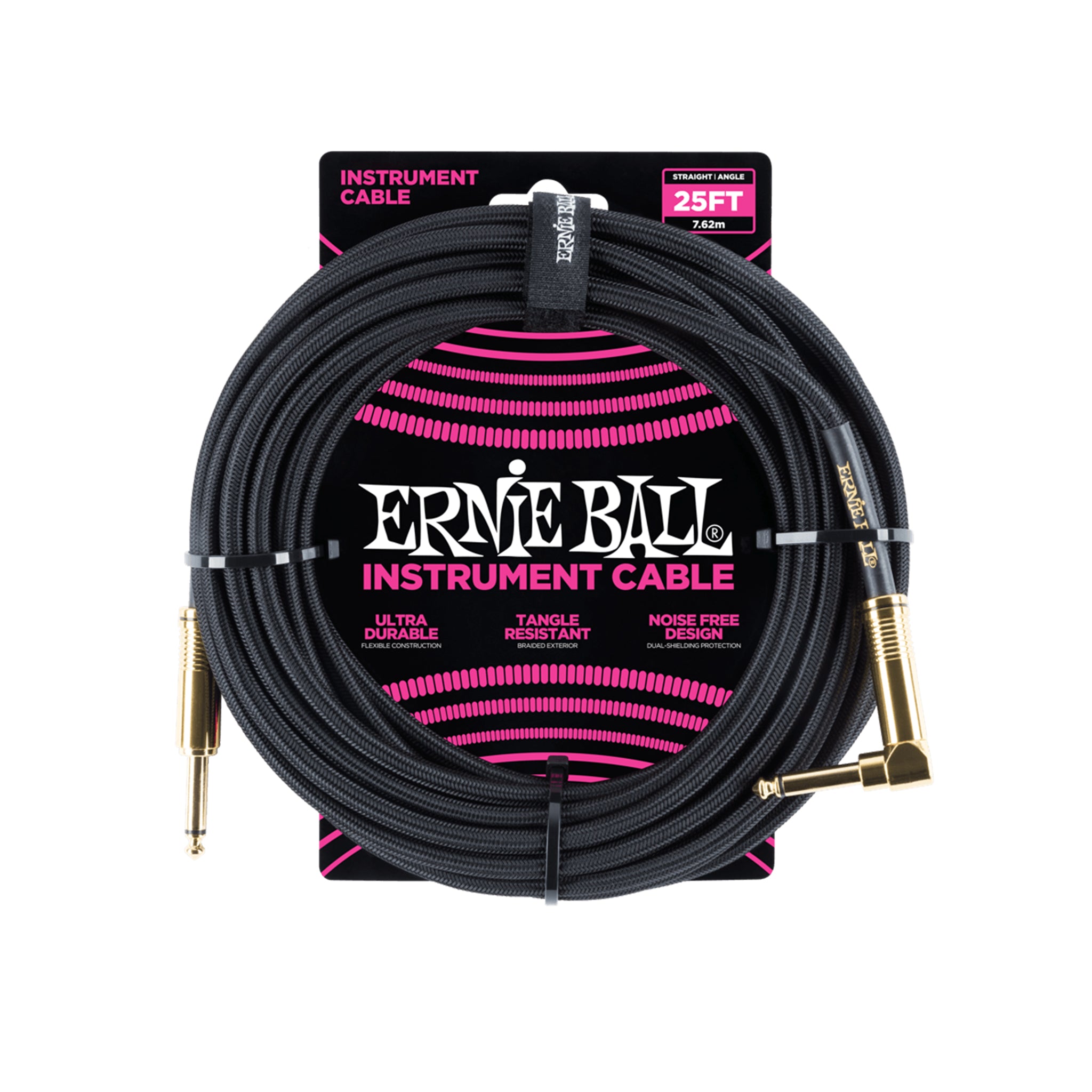 Ernie Ball 25ft Braided Straight to Angle Instrument Cable, Black