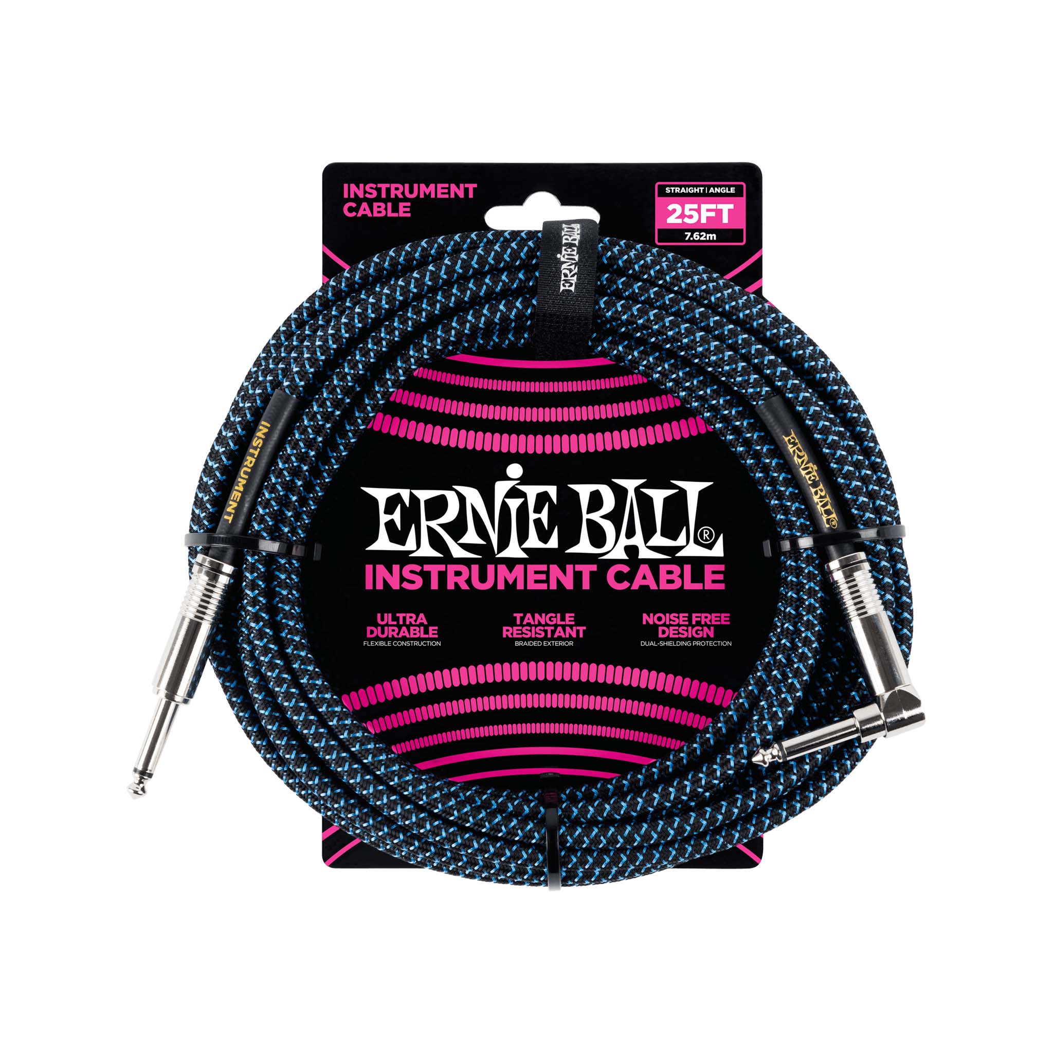 Ernie Ball 25ft Braided Straight to Angle Instrument Cable, Black/Blue